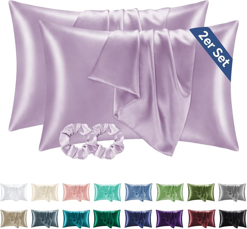 BEDELITE Satin Cushion Cover, Set of 2, 40 x 60 cm, Lavender | Silk Pillowcase Alternative, Soft for Summer, 2 Hair Bobbles Included, for Hair and Skin - Image 1