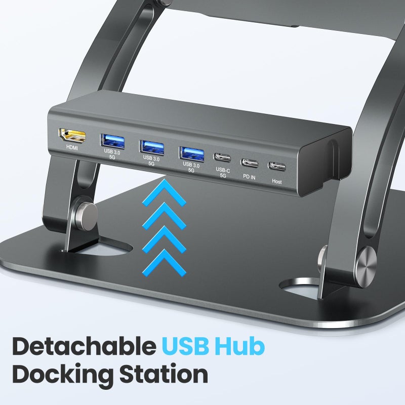 tounee Laptop Stand with Detachable USB-C Hub, 100W PD Charging, 4K@60Hz HDMI, 3 USB Ports, Ergonomic Laptop Holder Docking Station for 10-17" Laptops, MacBook & More - Gray - Image 2
