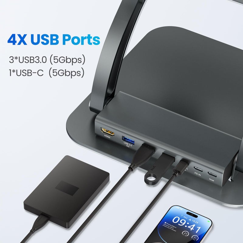 tounee Laptop Stand with Detachable USB-C Hub, 100W PD Charging, 4K@60Hz HDMI, 3 USB Ports, Ergonomic Laptop Holder Docking Station for 10-17" Laptops, MacBook & More - Gray - Image 5