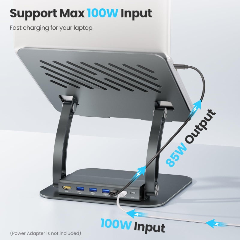 tounee Laptop Stand with Detachable USB-C Hub, 100W PD Charging, 4K@60Hz HDMI, 3 USB Ports, Ergonomic Laptop Holder Docking Station for 10-17" Laptops, MacBook & More - Gray - Image 4