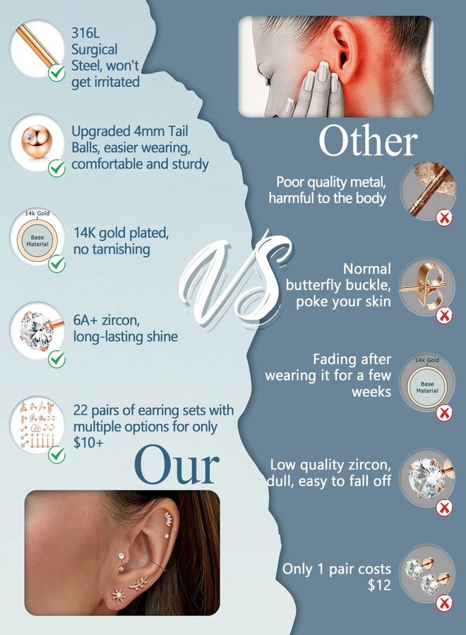 ORAZIO 16 Gauge Cartilage Earrings for Women-Hypoallergenic Surgical Stainless Steel Tragus Earring Set Threadless Flat Back Earrings Push in Nose Studs Daith Conch Tragus Helix Piercing Jewelry, 8mm - Image 4