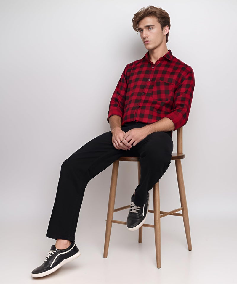 ZOLARIO Men Cotton Blend Casual Check Shirt, , Regular Fit, Full Sleeves, Spread Collar, Summer Shirt , Color Red & Black, Size Medium, 38 - Image 4
