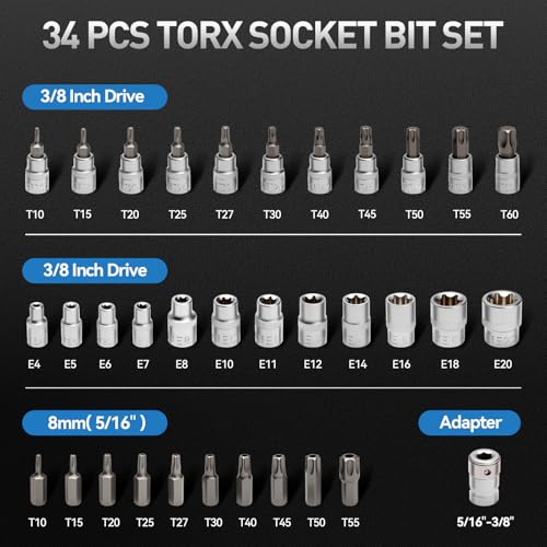 DISEN 34Piece 38 Drive Torx Star Bit sockets CRV ESocket Set E420 T1060 Tamper Proof Set TT10TT55 516F to 38M adapter with Storage CaseS2 Steel Ideal for CarTrucksHome Improvement - Image 3