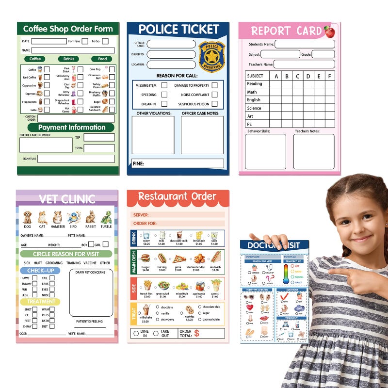 Eaasty 6 Pcs Kids Pretend Play Notepads for Kids Pretend Play Imaginative Role Playtime Bundle Include Doctor Police Teacher Vet Coffee Restaurant - Image 1