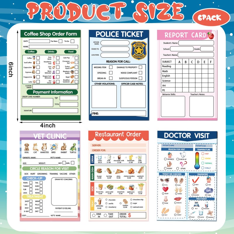 Eaasty 6 Pcs Kids Pretend Play Notepads for Kids Pretend Play Imaginative Role Playtime Bundle Include Doctor Police Teacher Vet Coffee Restaurant - Image 2