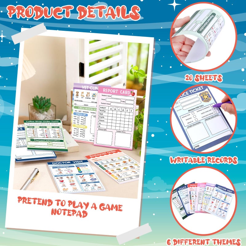 Eaasty 6 Pcs Kids Pretend Play Notepads for Kids Pretend Play Imaginative Role Playtime Bundle Include Doctor Police Teacher Vet Coffee Restaurant - Image 3