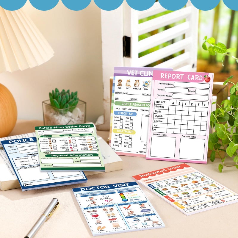 Eaasty 6 Pcs Kids Pretend Play Notepads for Kids Pretend Play Imaginative Role Playtime Bundle Include Doctor Police Teacher Vet Coffee Restaurant - Image 5