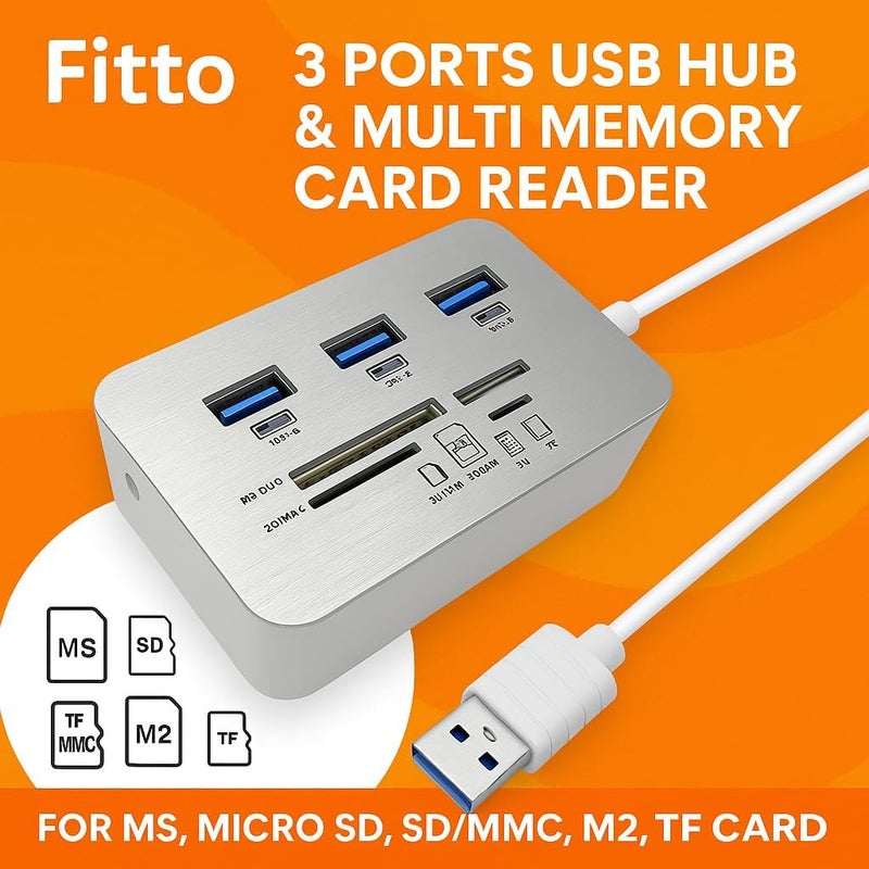 Fitto 3 Ports USB Hub & Multi Memory Card Reader for MS, Micro SD, SD/MMC, M2, TF Card - Image 3