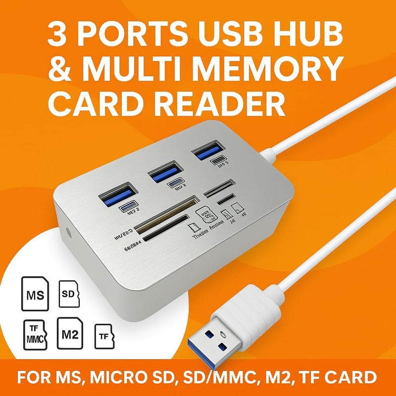 Fitto 3 Ports USB Hub & Multi Memory Card Reader for MS, Micro SD, SD/MMC, M2, TF Card - Image 2