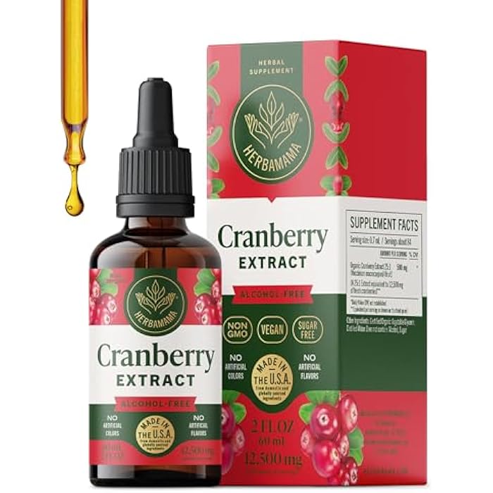 HERBAMAMA Cranberry Supplement Drops - Vegan Urinary Tract Support for Men and Women with Cranberry Extract - Non-GMO, Alcohol & Sugar-Free Kidney Support Supplement, 42-Day Supply - Image 1