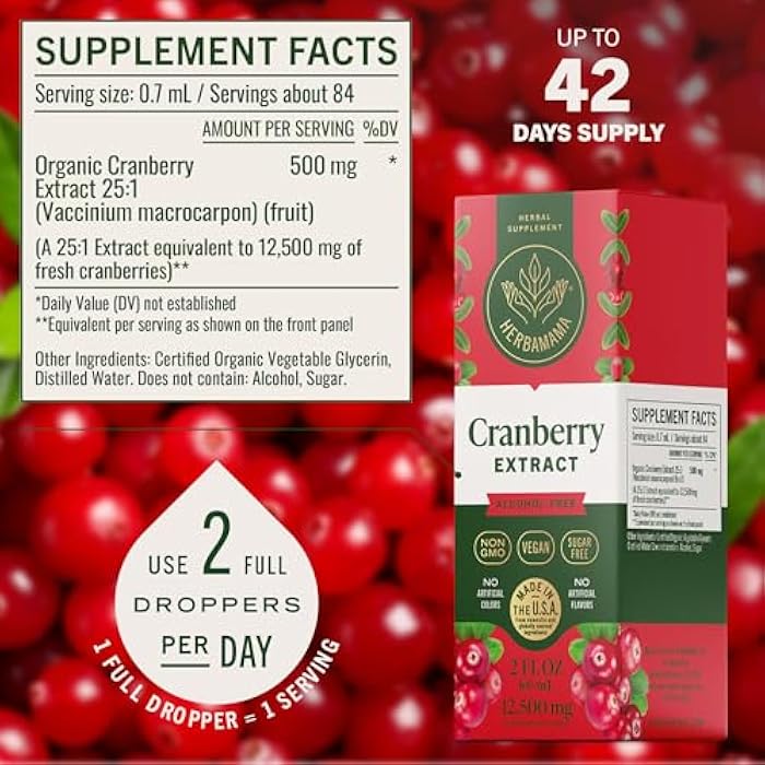 HERBAMAMA Cranberry Supplement Drops - Vegan Urinary Tract Support for Men and Women with Cranberry Extract - Non-GMO, Alcohol & Sugar-Free Kidney Support Supplement, 42-Day Supply - Image 3