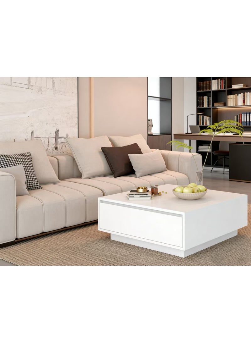 White Square Coffee Table with 2 Drawers, Modern Storage Coffee Table for Living Room Apartment Small Space（CJ028) - Image 2