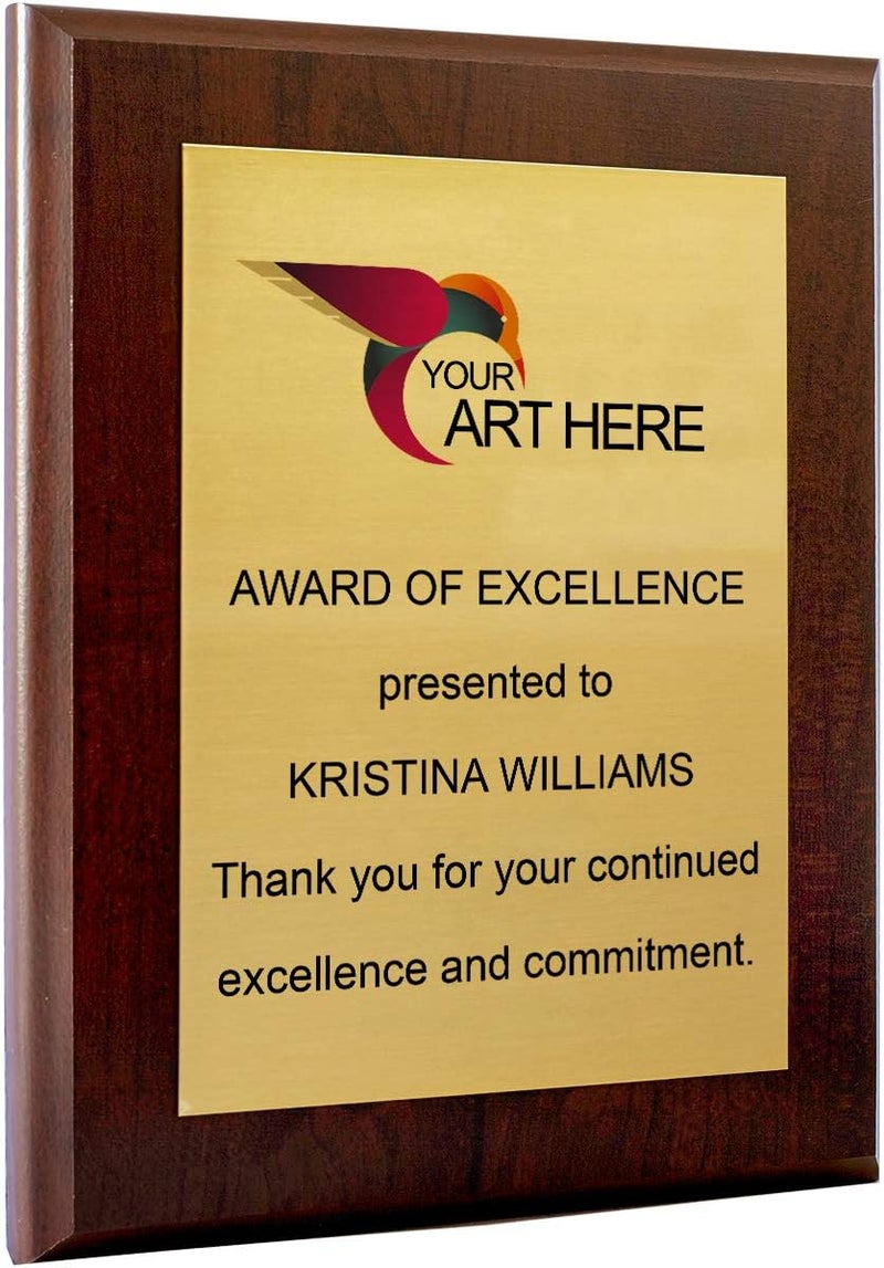 PlaqueMaker Custom Aluminum Metal Award Plaque with Full Color Printing - Include Photos Or Logos and Your Personal Text (7 x 9", Coated Cherry Board w/Gold Metal) - Image 1