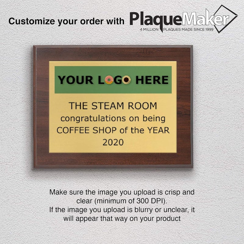 PlaqueMaker Custom Aluminum Metal Award Plaque with Full Color Printing - Include Photos Or Logos and Your Personal Text (7 x 9", Coated Cherry Board w/Gold Metal) - Image 5