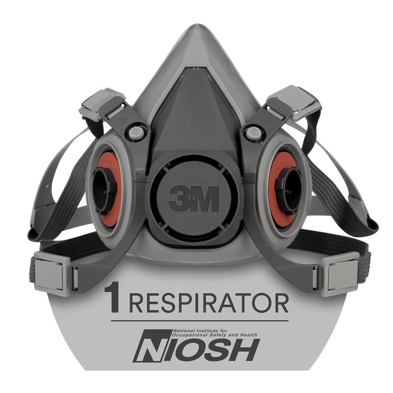 3M Half Facepiece Reusable Respirator 6100, NIOSH, Four-Point Harness, Comfortable Fit, Dual Airline Supplied Air Compatible, Bayonet Connections, Painting, Sanding, Cleaning, Small - Image 1