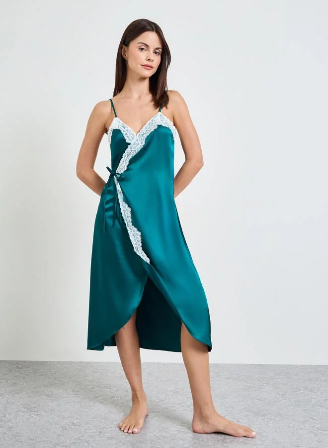 تايك تو Teal Lace Trim Wrap Slip Dress