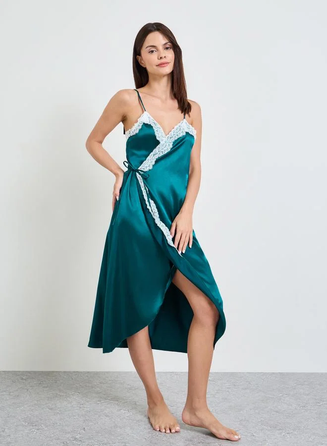 تايك تو Teal Lace Trim Wrap Slip Dress
