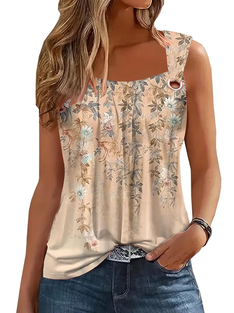 SAUKOLE Summer 2025 Cute Printed Tank Tops for Women Casual Pleated Square Neck O Ring Shoulder Blouse - Image 1