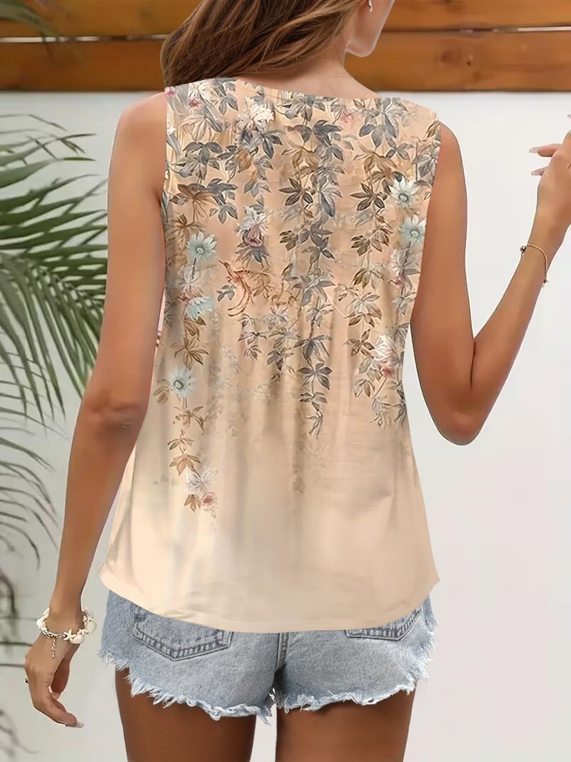 SAUKOLE Summer 2025 Cute Printed Tank Tops for Women Casual Pleated Square Neck O Ring Shoulder Blouse - Image 4