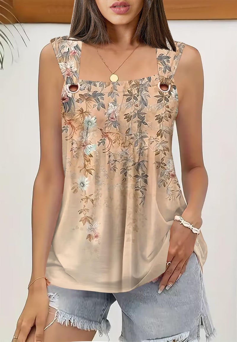 SAUKOLE Summer 2025 Cute Printed Tank Tops for Women Casual Pleated Square Neck O Ring Shoulder Blouse - Image 2