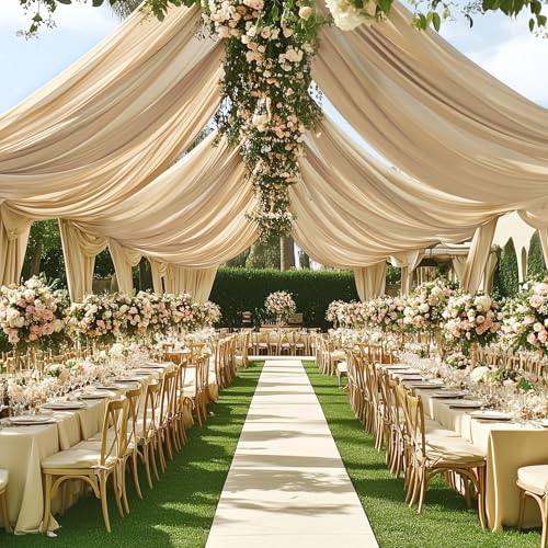 Htper 4 Panels 5x20ft Beige Ceiling Drapes for Wedding Parties Wrinkle Free Thick Polyester 20ft Extra Long Wedding Draping Beige Ceiling Curtains Arch Drapery for Birthday Party Canopy Tent Decor - Image 1