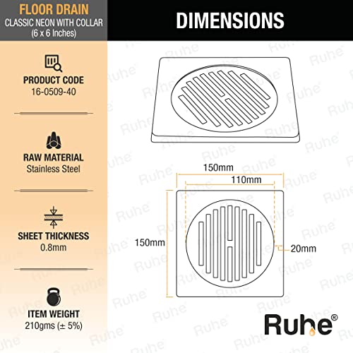 Ruhe® Square Floor Drain | Stainless Steel Classic Neon Square Floor Drain | (6 x 6 inches) | with Collar | (Pack of 4) - Image 2