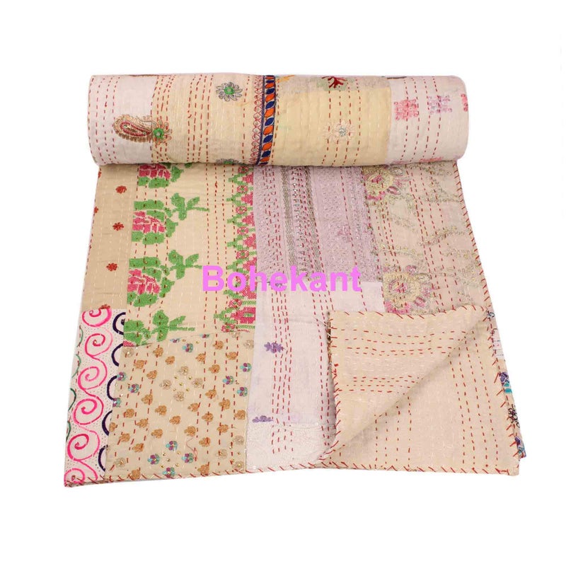 BOHEKANT Handicraft Silk Kantha Khambadiya Mix Patch Work Quilt Kantha Bed Cover Kantha Blanket Throw Handmade Kantha Bedspread-03 (Twin) - Image 3