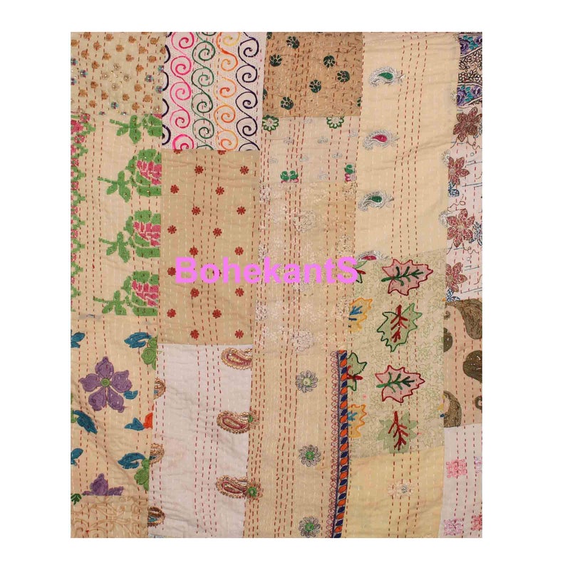 BOHEKANT Handicraft Silk Kantha Khambadiya Mix Patch Work Quilt Kantha Bed Cover Kantha Blanket Throw Handmade Kantha Bedspread-03 (Twin) - Image 2