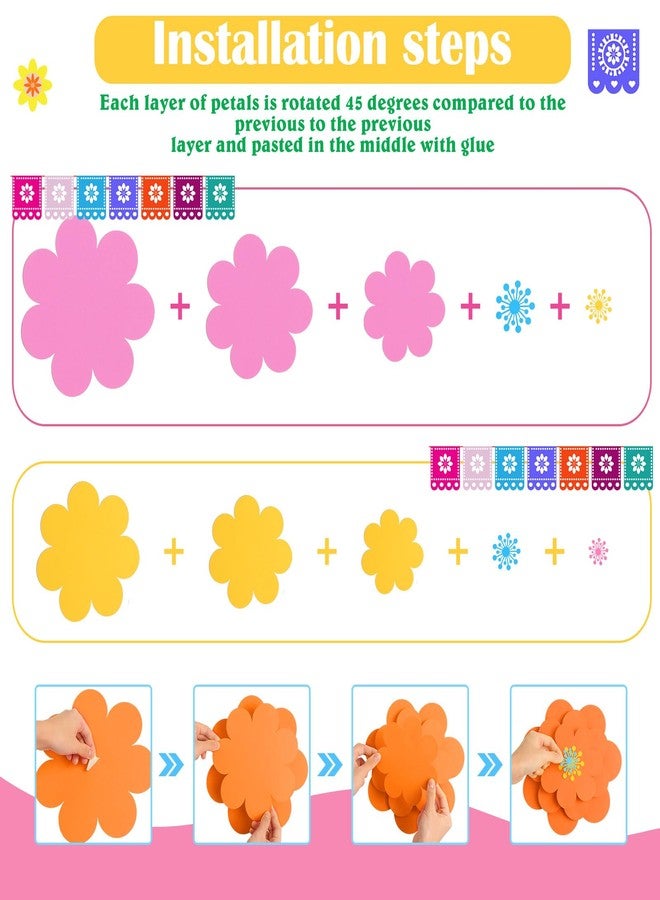 Mooliwe 10 Set Mexican Paper Flowers Decorations for Wall DIY Fiesta Paper Paper Flowers Bulletin Board 3D Handcrafted Paper Flowers Backdrop Decoration for Mexican and Holiday Party (Bright) - Image 3