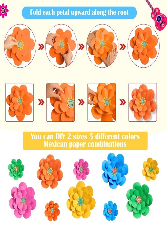 Mooliwe 10 Set Mexican Paper Flowers Decorations for Wall DIY Fiesta Paper Paper Flowers Bulletin Board 3D Handcrafted Paper Flowers Backdrop Decoration for Mexican and Holiday Party (Bright) - Image 4