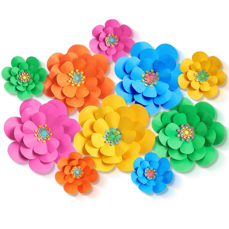 Mooliwe 10 Set Mexican Paper Flowers Decorations for Wall DIY Fiesta Paper Paper Flowers Bulletin Board 3D Handcrafted Paper Flowers Backdrop Decoration for Mexican and Holiday Party (Bright) - Image 1