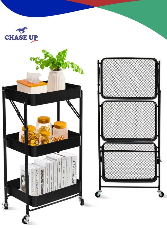 تشيس اب منظم عربة بثلاث طبقات، منظم عربة معدنية قابلة للطي، منظم عربة متعدد الأغراض مع عجلات للمطبخ وغرفة النوم والحمام والمكتب وغرفة الغسيل والجراج، أسود - Image 1