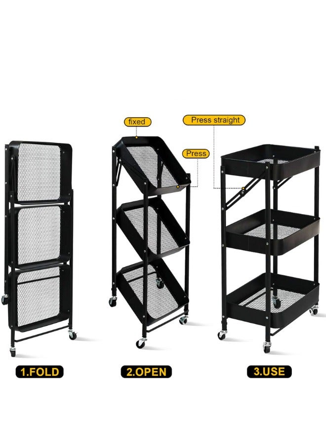 تشيس اب منظم عربة بثلاث طبقات، منظم عربة معدنية قابلة للطي، منظم عربة متعدد الأغراض مع عجلات للمطبخ وغرفة النوم والحمام والمكتب وغرفة الغسيل والجراج، أسود - Image 2