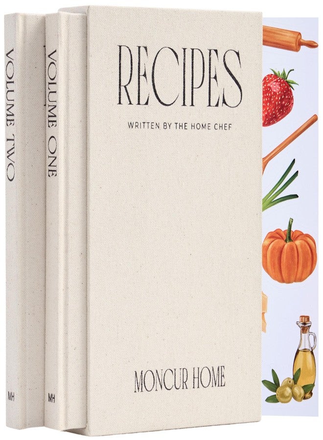 Moncur Home مجموعة من كتابي وصفات مونكور هوم لكتابة وصفاتك الخاصة، كتاب وصفات فارغ بلون بيج كتاني مع ورقتين من الملصقات، دفتر وصفات، كتاب طبخ، دفتر يوميات وصفات، هدايا للطهاة، اصنع دفترك الخاص - Image 1