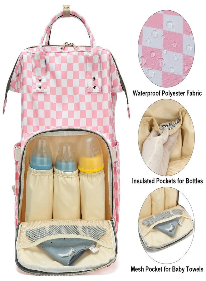 Dezcrab Checkered Pink Baby Diaper Bag Backpack for Women, Large Capacity Waterproof Maternity Travel Nappy Backpacks with Stroller Straps - Image 2