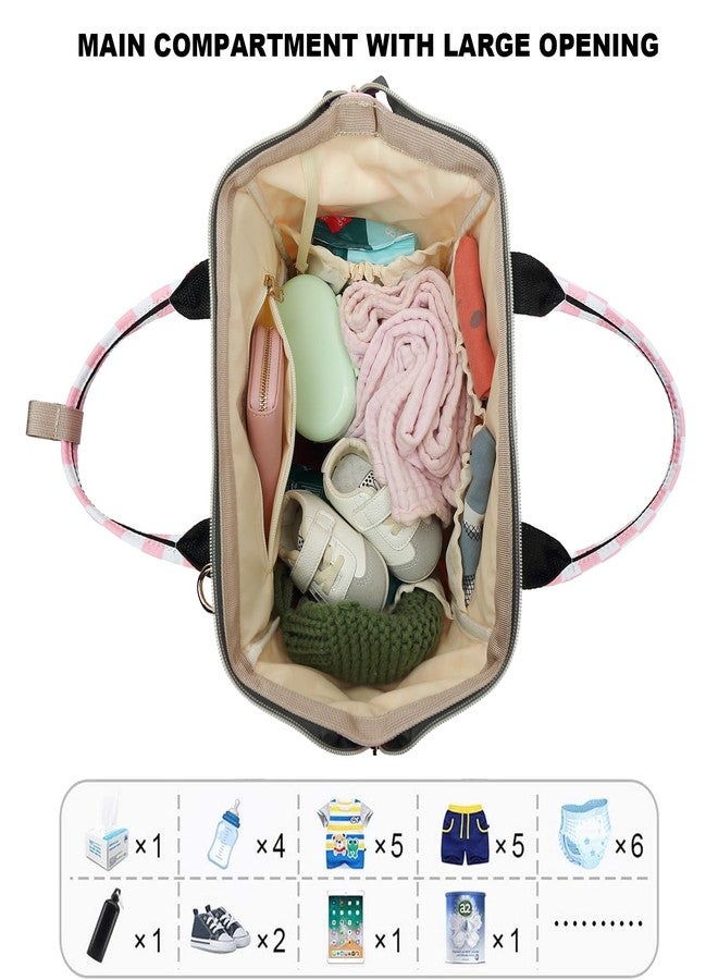 Dezcrab Checkered Pink Baby Diaper Bag Backpack for Women, Large Capacity Waterproof Maternity Travel Nappy Backpacks with Stroller Straps - Image 4