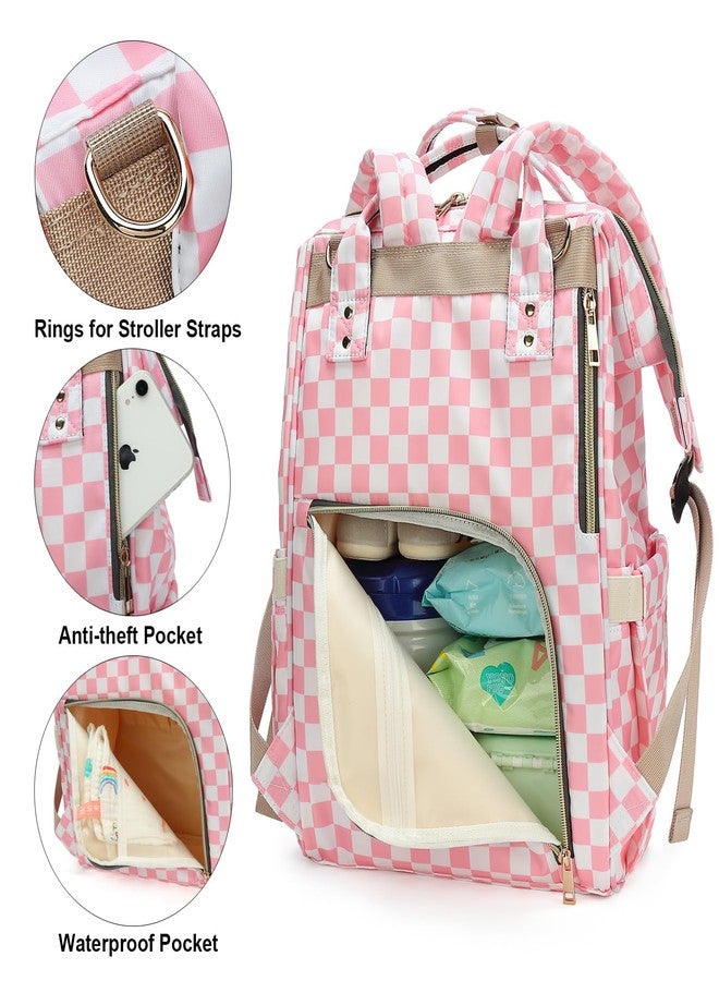 Dezcrab Checkered Pink Baby Diaper Bag Backpack for Women, Large Capacity Waterproof Maternity Travel Nappy Backpacks with Stroller Straps - Image 3