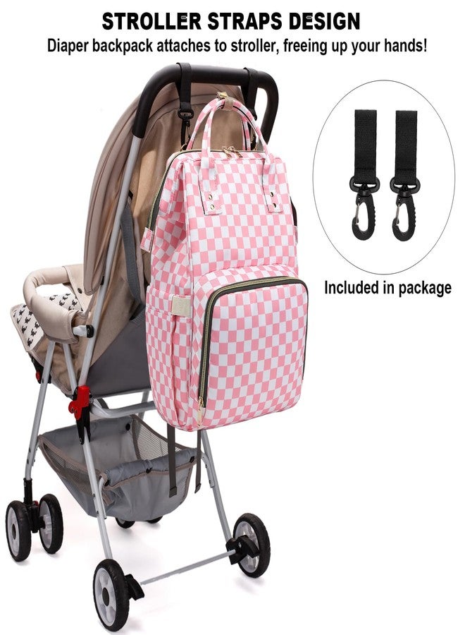 Dezcrab Checkered Pink Baby Diaper Bag Backpack for Women, Large Capacity Waterproof Maternity Travel Nappy Backpacks with Stroller Straps - Image 5