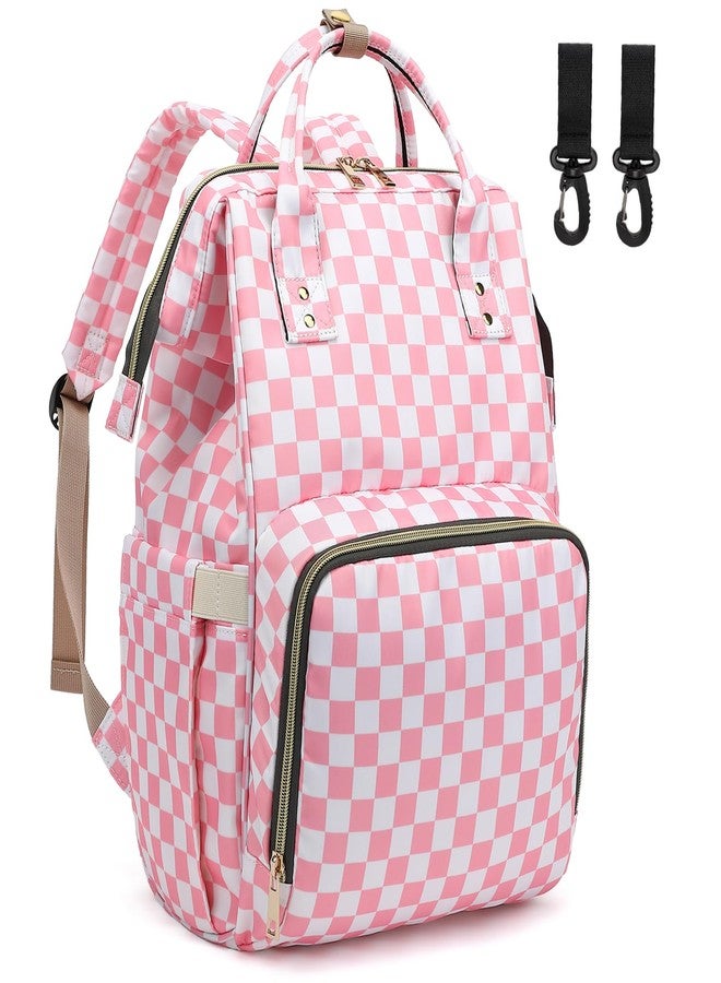 Dezcrab Checkered Pink Baby Diaper Bag Backpack for Women, Large Capacity Waterproof Maternity Travel Nappy Backpacks with Stroller Straps - Image 1