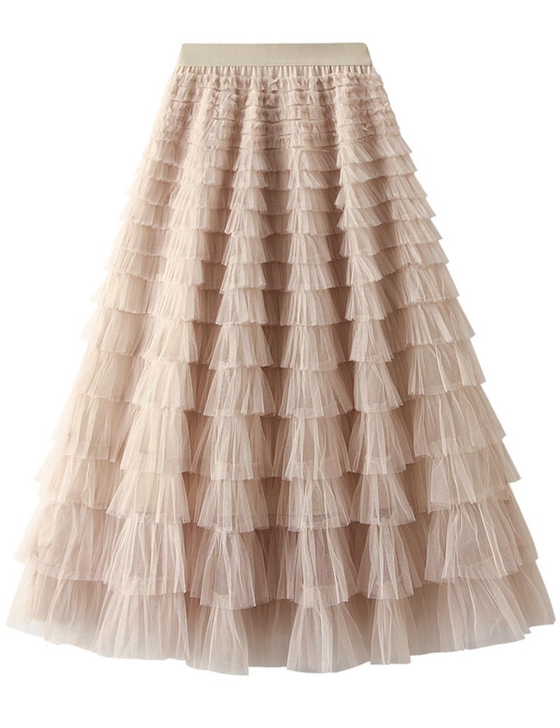 Flygo Women's Long Maxi Tulle Skirts A Line Ruffle High Waisted Tiered Layered Mesh Tutu Skirt Petticoat(Apricot-S) - Image 4