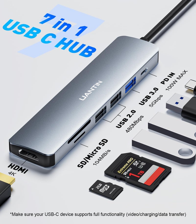 UANTIN USB C Hub 7 in 1 Multiport Adapter with 4K HDMI Dongle, 100W PD, SD/TF Card Reader, 3 USB-A, USBC Docking Station for MacBook Mac Pro/Air, Dell, HP, ASUS, Acer and Other Type C Laptops - Image 2