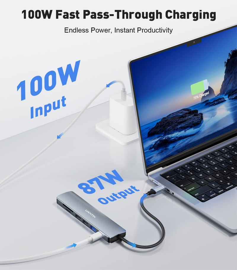 UANTIN USB C Hub 7 in 1 Multiport Adapter with 4K HDMI Dongle, 100W PD, SD/TF Card Reader, 3 USB-A, USBC Docking Station for MacBook Mac Pro/Air, Dell, HP, ASUS, Acer and Other Type C Laptops - Image 4