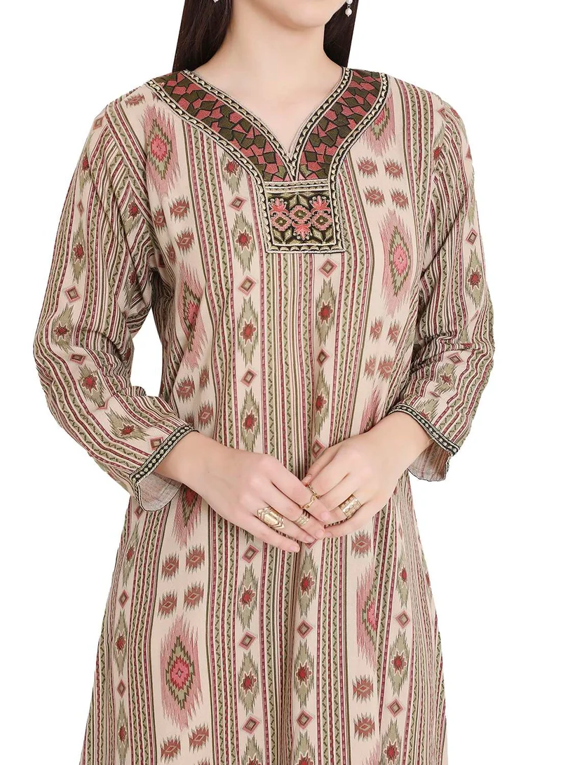 هانا آند سارا UNIQUE PRINTED LONG SLEEVES WITH NECK EMBROIDERED ARABIC KAFTAN JALABIYA DRESS