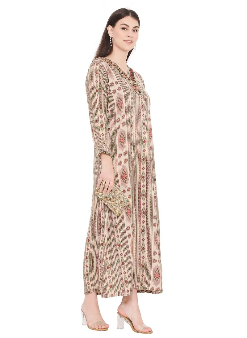 هانا آند سارا UNIQUE PRINTED LONG SLEEVES WITH NECK EMBROIDERED ARABIC KAFTAN JALABIYA DRESS