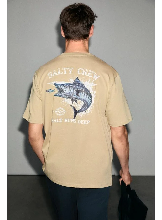 GRIMELANGE SALTY Men's 100% Organic Cotton Round Collar T-Shirt with Detailed Print in Vizon.