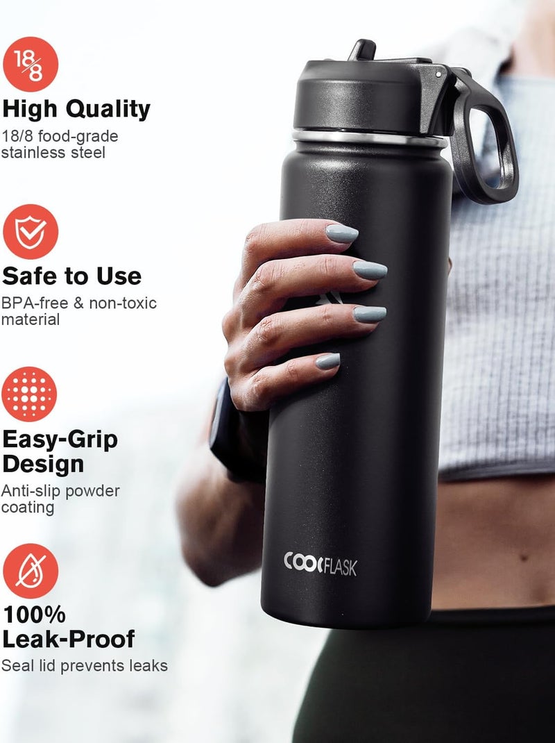 Coolflask Water Bottle Insulated with Straw & 3 Lids, Large Metal Stainless Steel Wide Mouth Water Jug, BPA-Free Keep Cold 48H Hot 24H, 0.6 Liters, Magic Black - Image 3