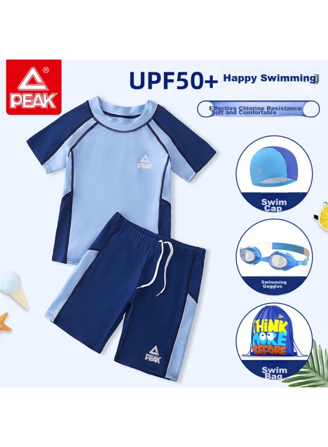 Peak Children's Swimwear, Boys' Professional Short-sleeve Two-piece Training Swimsuit, Swim Trunks, Chlorine-resistant, Hot Spring, Goggles, Hat, Bag Set, Size 130 - Image 1