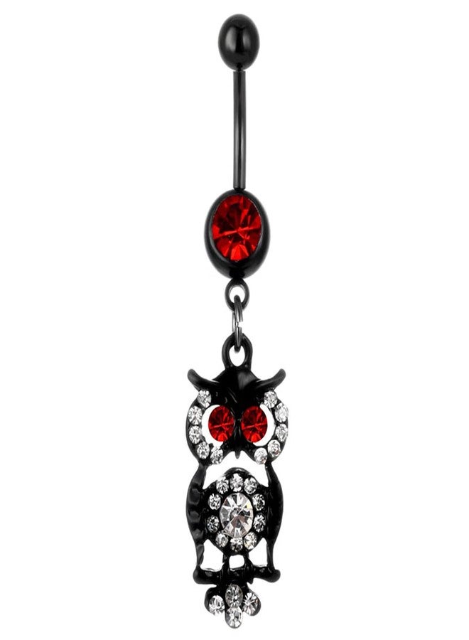 FUTIMELY Animal Belly Button Ring For Women Men Dainty Owl Scorpion Crystal CZ Navel Ring Stainless Steel Navel Piercing Dangle Belly Button Nail Navel Piercing Body Jewelry (Red Black Owl) - Image 1