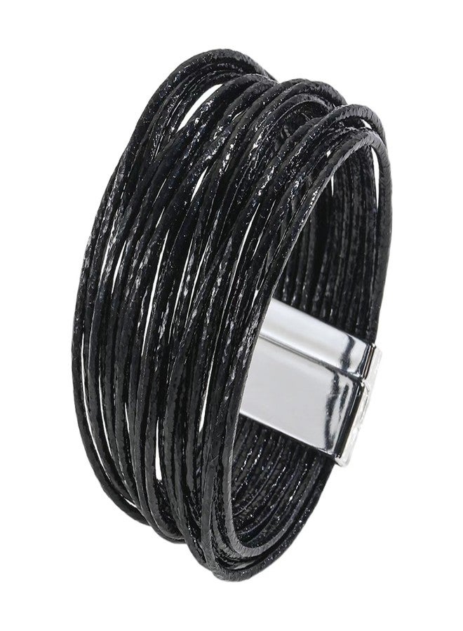 KunBead Black Leather Sparkly Wrap Bracelets for Women Handmade Braided Boho Multilayer Buckle Bracelet Wristband Cuff Bangle Boho Bohemian - Image 1