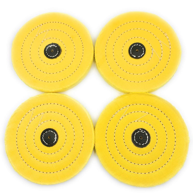 Aone Polishing Yellow Muslin Cloth Buff 6"x50 Folds 4pc Stitched Buffing Wheel with Leather Hub to Polish & Buff Gold, Silver & Other Metals for Jewellery, Watchmaking, Hobby Craft for Bench Grinder - Image 1